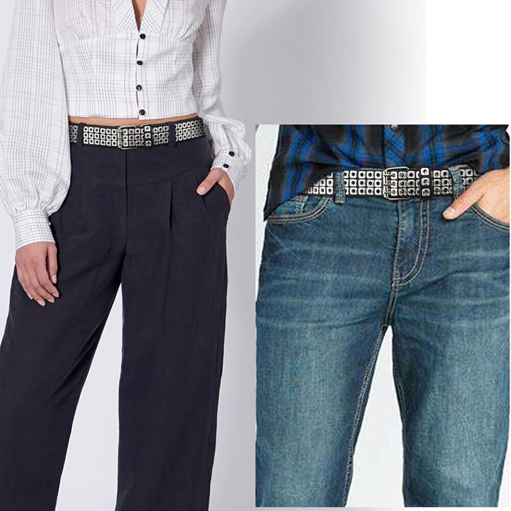 6245 3 Row Studded Holes Grommet Faux Leather Belts For Women Men Punk - Picture 3 of 7